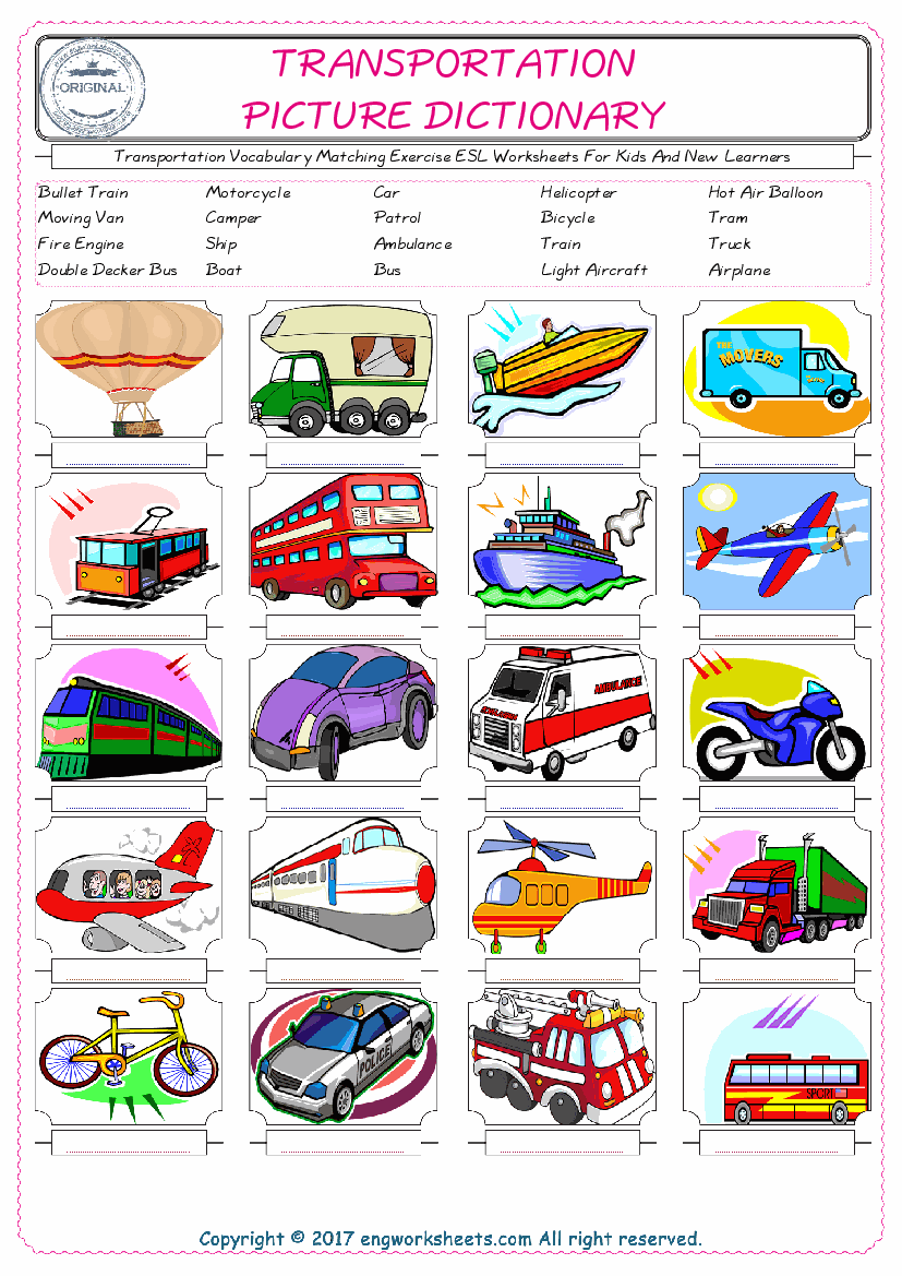  Transportation for Kids ESL Word Matching English Exercise Worksheet. 